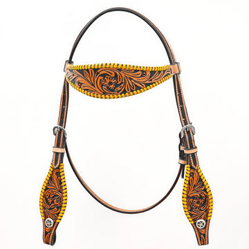 Bar H EquineWestern Horse Genuine Leather Floral Design BuckStitch Headstall Tan